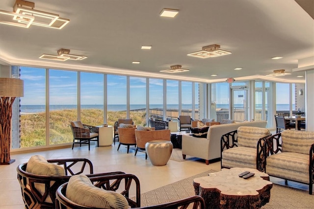 building lobby featuring a water view