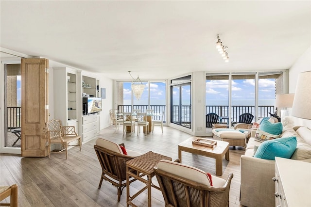 living room featuring expansive windows, light hardwood / wood-style floors, and an inviting chandelier