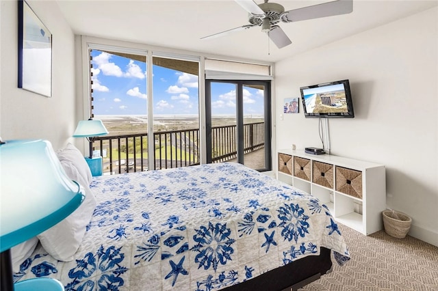 bedroom featuring access to exterior, carpet, and ceiling fan