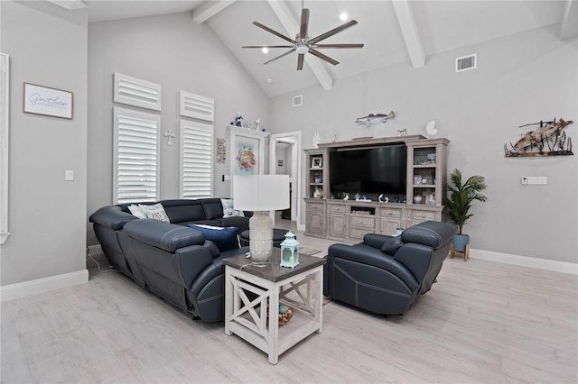15509 Finistere St, Corpus Christi, TX 78418 - living room with beamed ceiling, baseboards, visible vents, and ceiling fan
