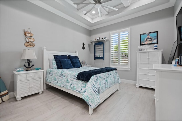 15509 Finistere St, Corpus Christi, TX 78418 - bedroom featuring light wood-style flooring, coffered ceiling, recessed lighting, baseboards, and ceiling fan