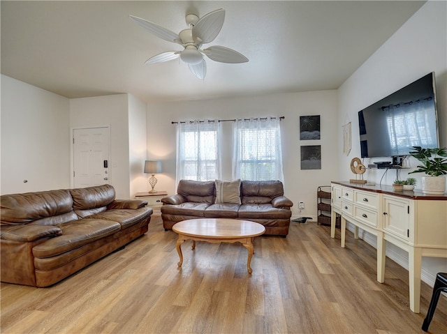 living room with ceiling fan and light wood-type flooring