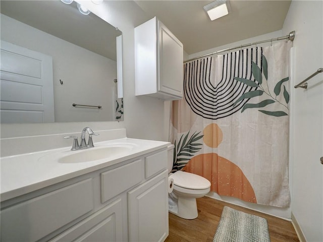 15017 Beach Walk Loop, Corpus Christi, TX 78418 - bathroom featuring toilet, vanity, wood finished floors, and a shower with curtain