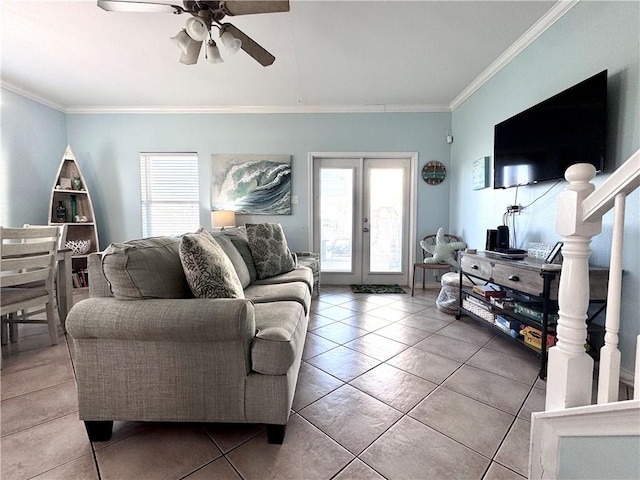 15006 Aruba Dr Unit A, Corpus Christi, TX 78418 - tiled living room featuring healthy amount of natural light, crown molding, ceiling fan, french doors, and stairs