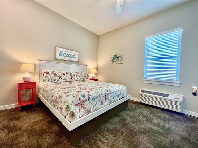 bedroom featuring a wall unit AC, vaulted ceiling, dark colored carpet, and ceiling fan