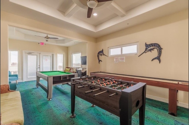 playroom featuring ceiling fan, billiards, french doors, and carpet floors