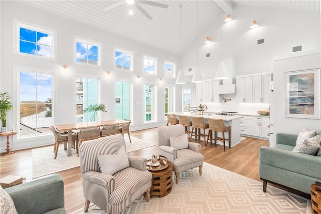 living area featuring light wood finished floors, visible vents, and a healthy amount of sunlight