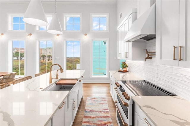 kitchen featuring white cabinetry, light wood-style floors, double oven range, custom exhaust hood, and decorative backsplash