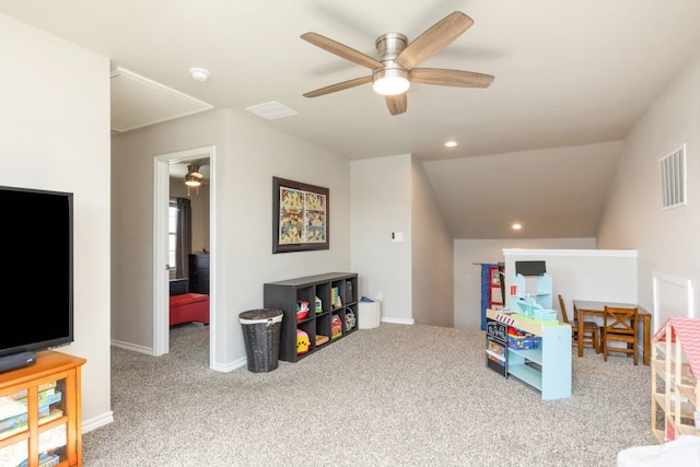 playroom with recessed lighting, visible vents, carpet, and a ceiling fan