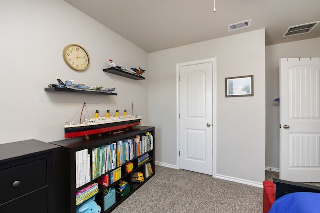 bedroom featuring carpet flooring, baseboards, and visible vents