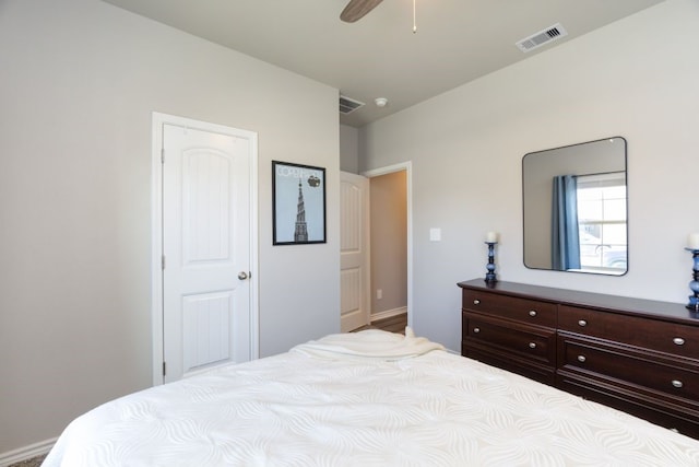 bedroom with visible vents and ceiling fan