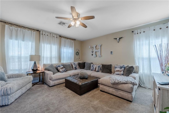 2122 Halcon St, Corpus Christi, TX 78414 - carpeted living room featuring visible vents, a ceiling fan, and lofted ceiling