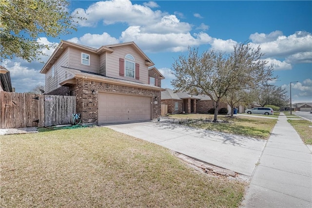 2122 Halcon St, Corpus Christi, TX 78414 - traditional home with a garage, fence, brick siding, a front lawn, and driveway