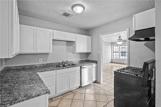 kitchen featuring sink, light tile patterned floors, dishwasher, range hood, and white cabinets