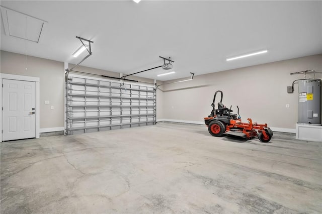 garage with a garage door opener and water heater