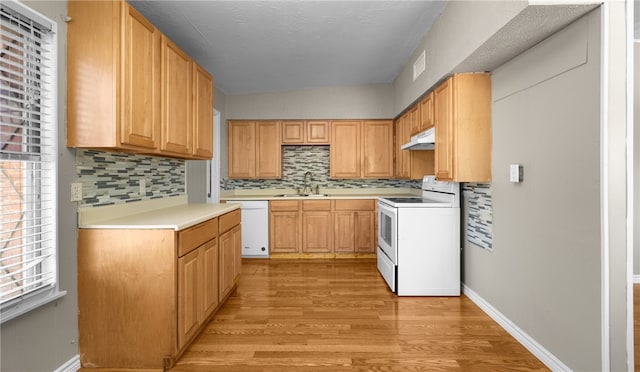 kitchen featuring backsplash, white appliances, a healthy amount of sunlight, and light hardwood / wood-style flooring