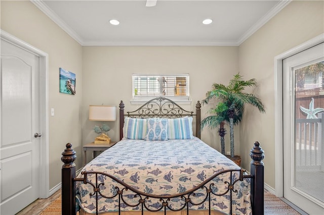623 Sandkey Dr, Port Aransas, TX 78373 - bedroom featuring multiple windows, ornamental molding, recessed lighting, baseboards, and light wood-style floors