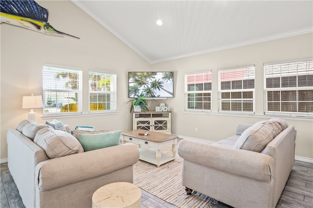 living room featuring hardwood / wood-style flooring, crown molding, and vaulted ceiling