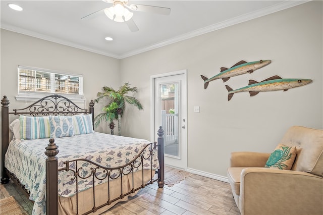 bedroom featuring light hardwood / wood-style flooring, ornamental molding, ceiling fan, and access to exterior