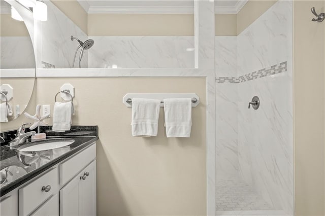 623 Sandkey Dr, Port Aransas, TX 78373 - full bathroom featuring a marble finish shower, ornamental molding, and vanity