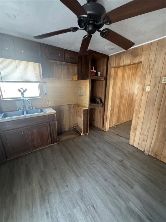 kitchen featuring dark brown cabinets, ceiling fan, dark wood finished floors, and a sink