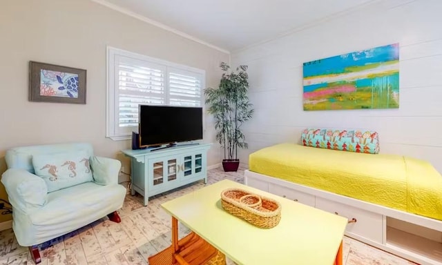 living room with ornamental molding