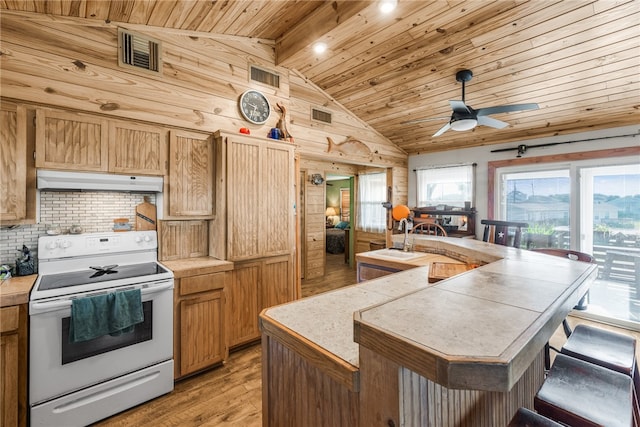 kitchen with wood ceiling, a kitchen island with sink, light wood-type flooring, vaulted ceiling, and electric stove