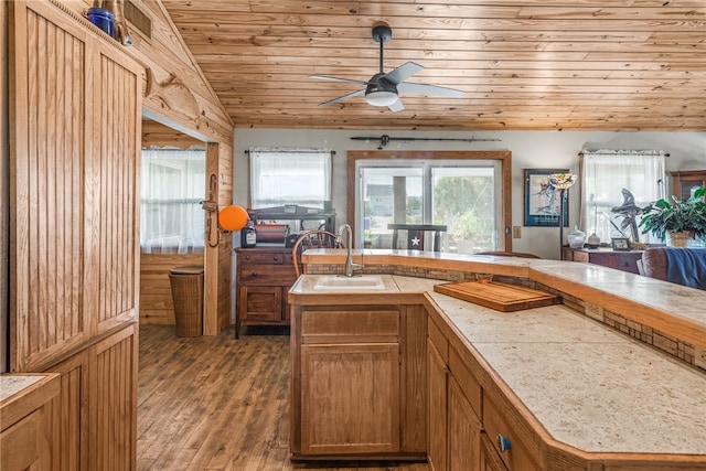 kitchen with a center island with sink, dark hardwood / wood-style floors, wood ceiling, sink, and lofted ceiling