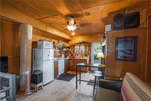 kitchen featuring white appliances, ceiling fan, wooden walls, and wood ceiling