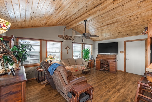 living room featuring vaulted ceiling with beams, hardwood / wood-style flooring, ceiling fan, and wooden ceiling