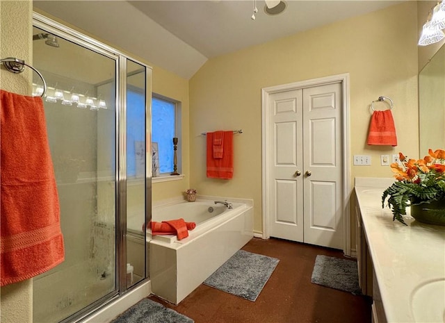 5906 Lindenwood Dr, Corpus Christi, TX 78414 - bathroom with vanity, vaulted ceiling, and separate shower and tub