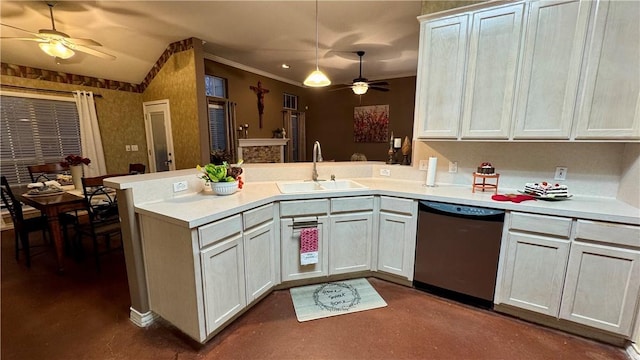 5906 Lindenwood Dr, Corpus Christi, TX 78414 - kitchen with kitchen peninsula, white cabinetry, stainless steel dishwasher, and sink