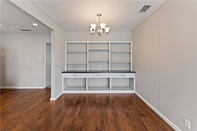 4002 Brawner Pkwy, Corpus Christi, TX 78411 - unfurnished dining area with a chandelier, baseboards, dark wood finished floors, ornamental molding, and recessed lighting