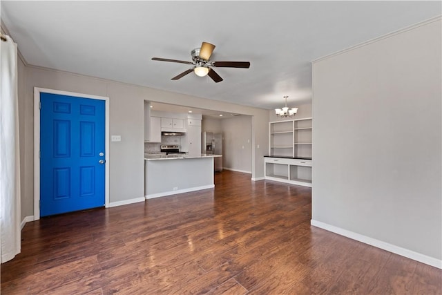 4002 Brawner Pkwy, Corpus Christi, TX 78411 - unfurnished living room featuring ceiling fan, a chandelier, dark wood-style floors, and baseboards