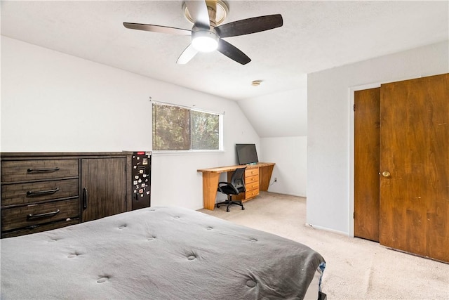 5110 Cascade Dr, Corpus Christi, TX 78413 - carpeted bedroom with lofted ceiling and ceiling fan