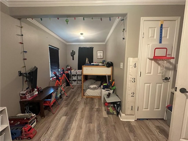 interior space featuring crown molding and wood-type flooring