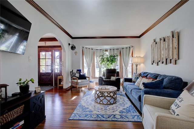 living room featuring ornamental molding and dark hardwood / wood-style floors