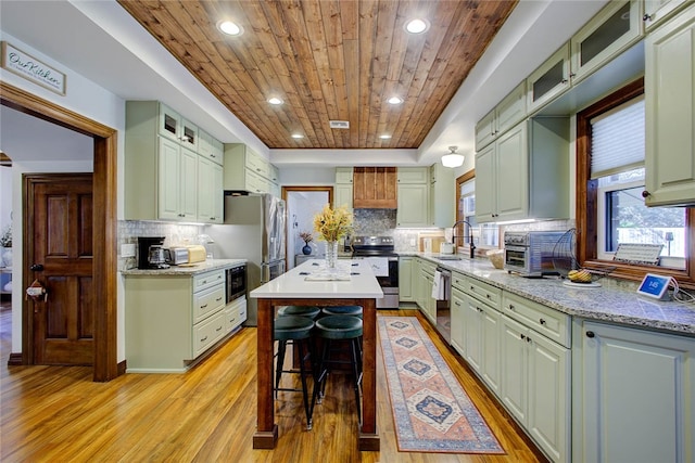 kitchen featuring sink, a kitchen island, stainless steel appliances, a kitchen bar, and wooden ceiling