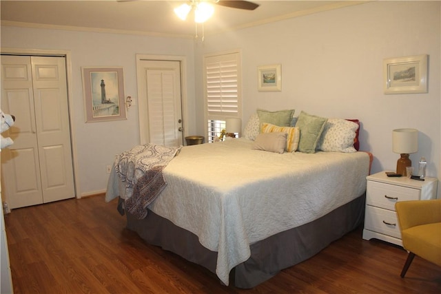 6605 Whitewing Dr, Corpus Christi, TX 78413 - bedroom featuring crown molding, dark wood finished floors, a ceiling fan, and two closets