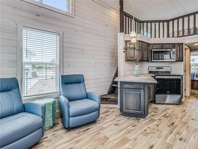 kitchen featuring open floor plan, stainless steel appliances, light wood-style flooring, and wooden walls