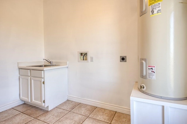 laundry area with hookup for a washing machine, electric dryer hookup, a sink, electric water heater, and baseboards