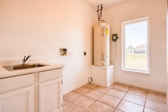laundry area featuring a sink, laundry area, electric water heater, electric dryer hookup, and hookup for a washing machine