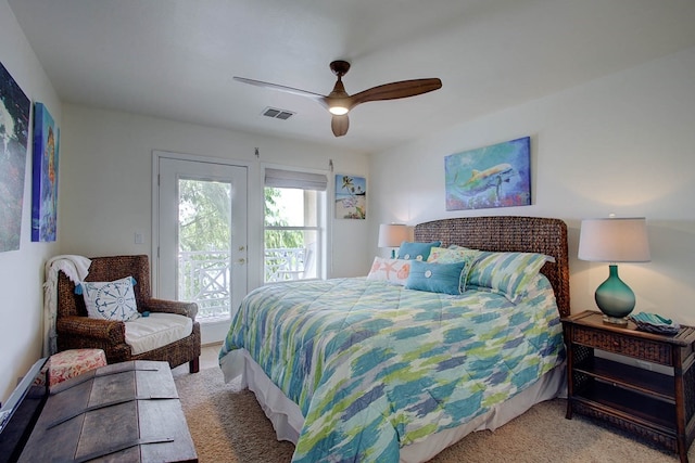 bedroom featuring ceiling fan, light carpet, and access to exterior