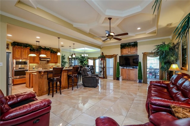 living room with ceiling fan with notable chandelier, crown molding, and a healthy amount of sunlight