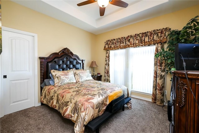 bedroom with ceiling fan, carpet, a tray ceiling, and multiple windows