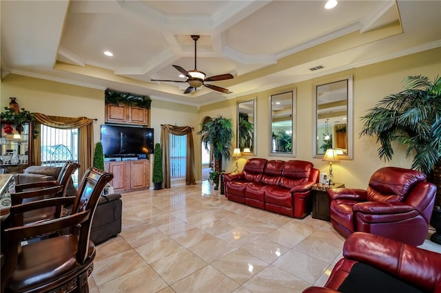 living room featuring ceiling fan, ornamental molding, and coffered ceiling