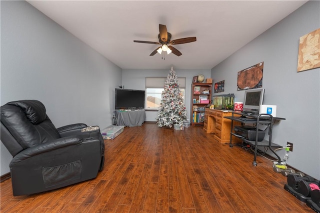 office area with ceiling fan and wood-type flooring