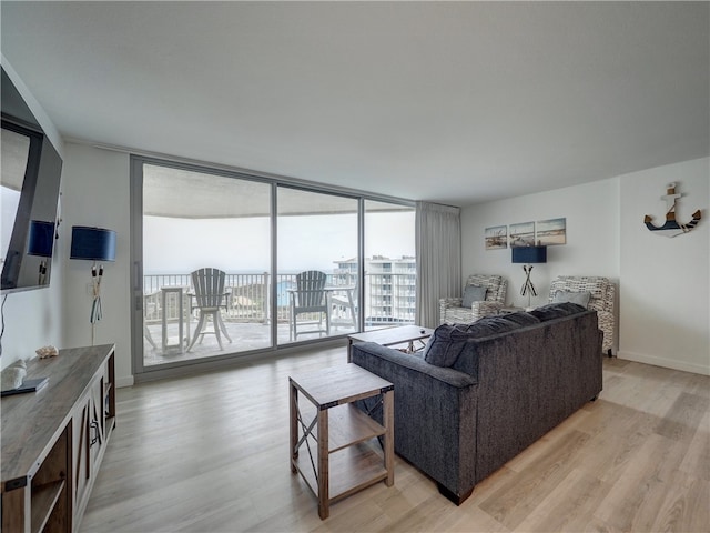 living room with expansive windows and light hardwood / wood-style floors