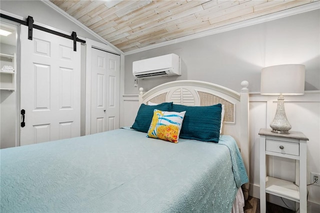 bedroom featuring crown molding, lofted ceiling, a barn door, an AC wall unit, and wooden ceiling