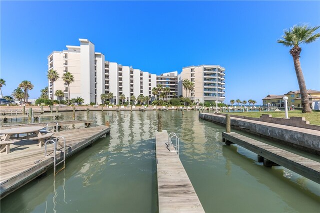 view of dock with a water view